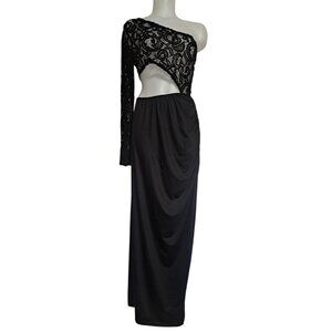 Womens Black One Shoulder Lace Cutout Maxi Evening Gown L Formal Prom Unbranded